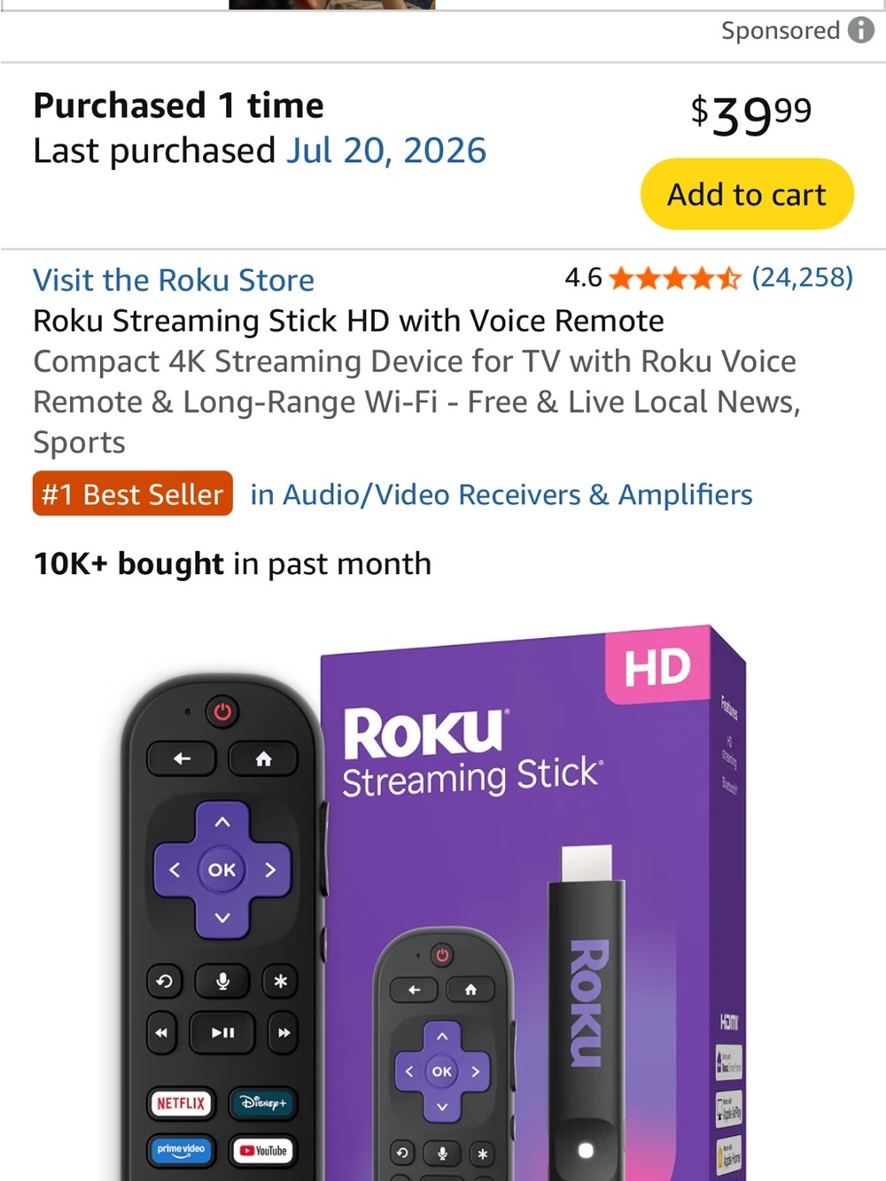 Roku Streaming Stick with Black Body and Purple Logo Accents
